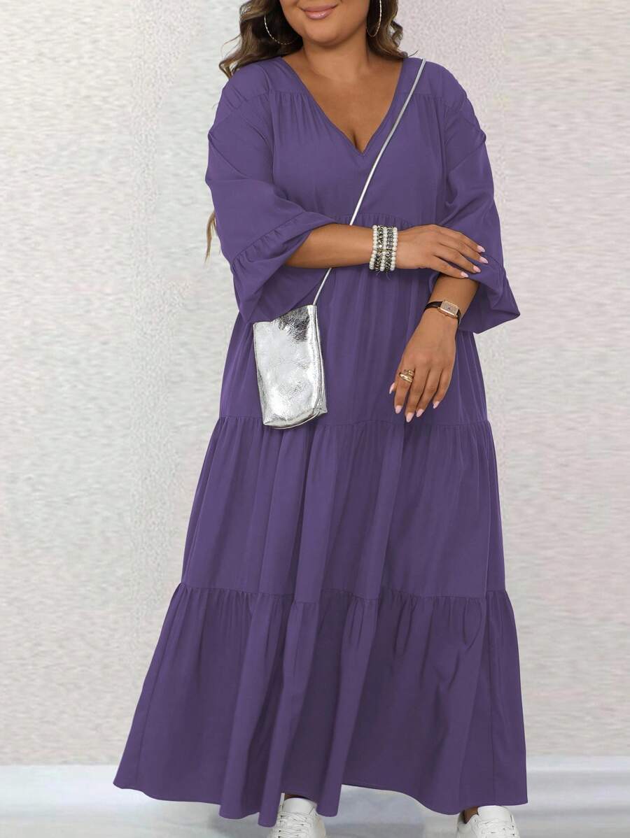 SHEIN LUNE 加大码纯色灯笼袖棕色秋季连衣裙，春秋季长款女装 - 紫色 - 查看 1