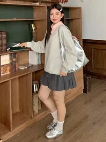 Dazy Plus Áo nỉ chui đầu rộng cổ vá cỡ lớn thường ngày cho nữ, mùa thu/đông - Xám - Xem 5