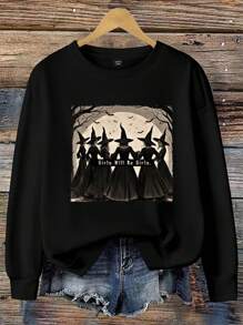 EMERY ROSE Casual Minimalist Pattern Loose Fit Thick Crew Neck Long Sleeve Sweatshirt, Plus Size Halloween Fall Winter Halloween Sweatshirt Witchy,Fall For Women - Black - View 1