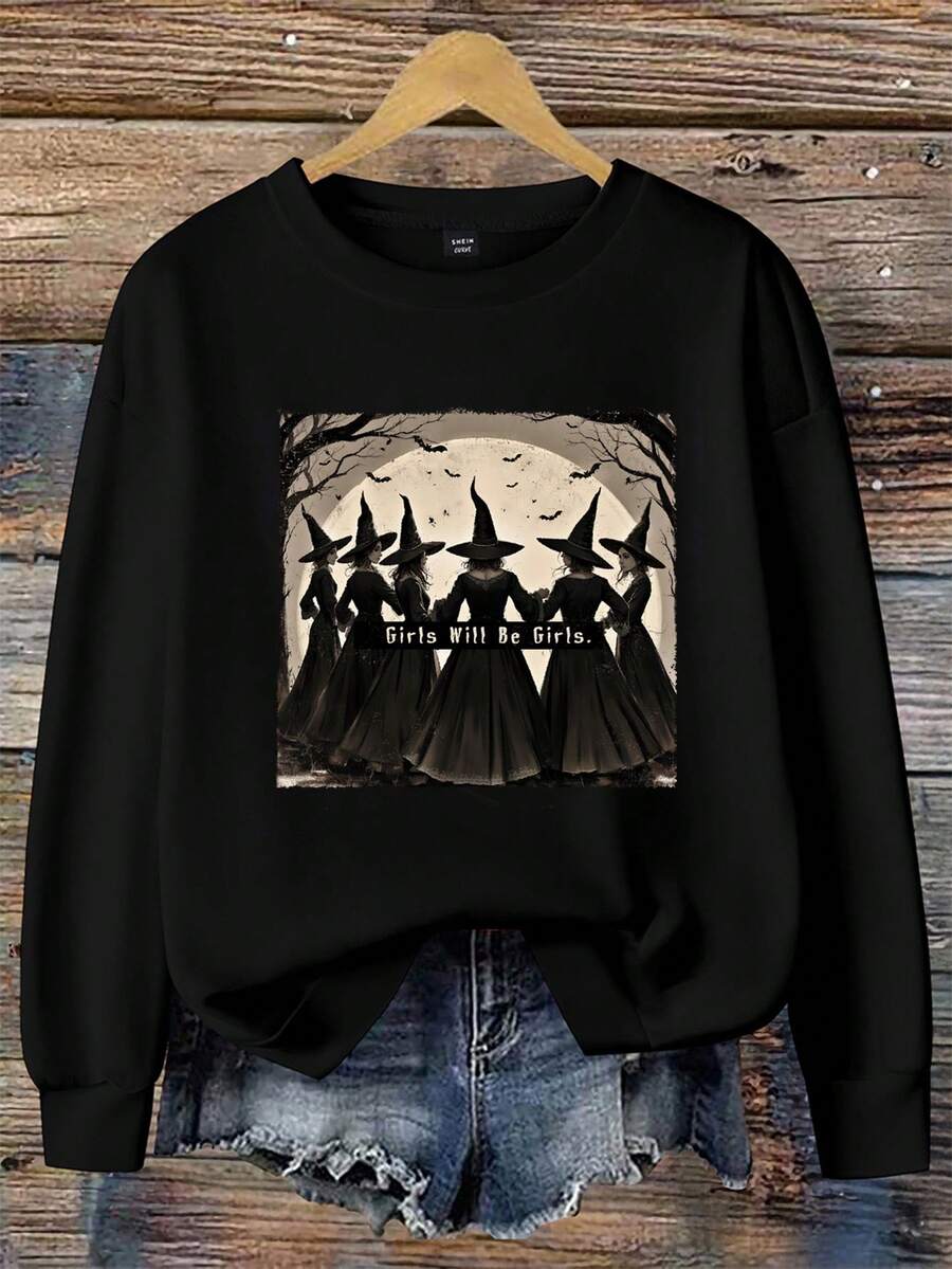 EMERY ROSE Casual Minimalist Pattern Loose Fit Thick Crew Neck Long Sleeve Sweatshirt, Plus Size Halloween Fall Winter Halloween Sweatshirt Witchy,Fall For Women - Black - View 1