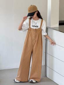 SHEIN Tween Girls Y2K Khaki Washed Oversize Baggy Wide Leg Denim Jumpsuit,Back-To-School Streetwear,Summer School Outfit,Autumn Winter Camel Casual Jeans - Khaki - View 5