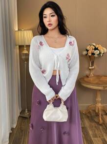 SHEIN Clasi 女式V领串珠蝴蝶结休闲针织开衫 - 白色 - 查看 4