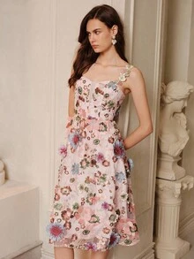 SHEIN Unity Váy lưới thêu hoa 3D cổ tròn không tay thời trang Pháp - Hồng - Xem 4