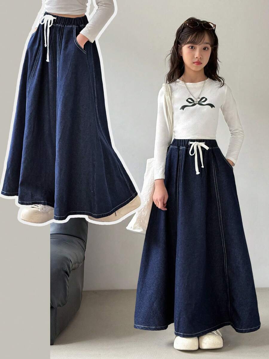 Tween 女童系带抽绳口袋拼接深蓝色牛仔宽松半身裙 - 深色水洗藍 - 查看 1