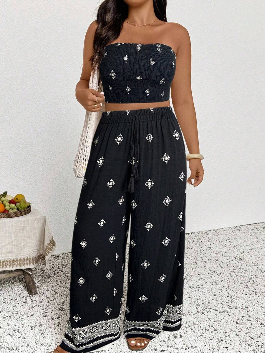 SHEIN Frenchy Conjunto de 2 piezas de estilo de vacaciones para mujer talla grande, con top tubo y pantalones sueltos y cómodos, estampado floral, adecuado para vacaciones y uso diario, nueva colección de primavera/verano, conjunto de 2 piezas color albaricoque