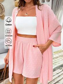 EURMUSE Women Pink Kimono And Short Two Pieces Set Women S Summer Set Women Summer Outfits Summer Outfits For Women Women Summer Clothes Women Two Piece Outfits Women Outfit Sets Summer - Pink - View 1