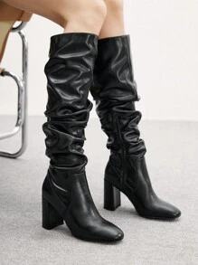 CUCCOO BIZCHIC New Lace-Up Buckle Thick Heel British Knight Motorcycle Mid-Calf Boots For Women - Black - View 4
