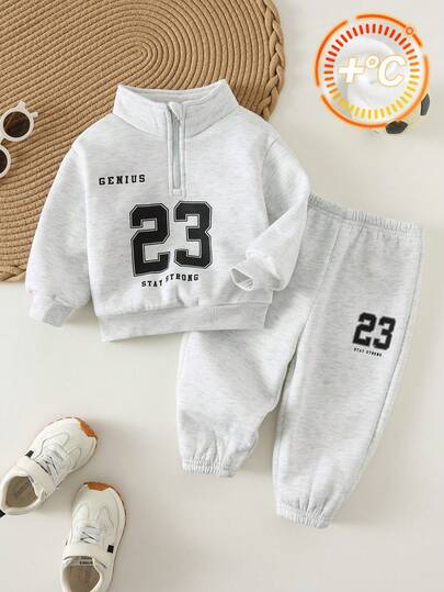 SHEIN 2pcs Baby Boy/Girl Casual Letter Print Grey Collar Zip-Up Hoodie And Elastic Waist Jogger Pants Set, Unisex Baby Clothes, Baby Winter Outfits Baby Boy Track Suit Toddler Boy Tracksuit Baby Casual Set 2 Piece Toddler Boy Set Infant Boy Clothes Fall