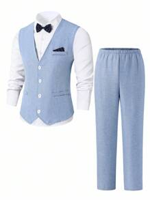 2 Stücke formelle Teenager Jungen Herrenoutfit-Set, einfarbige Kontrast Karomuster Brusttasche taillierter Weste + strukturierte Hose, elegantes Luxuskostüm für Geburtstag, Hochzeit, Hochzeitsgast, Pageboy, Ringträger - Blau - Übersicht 5