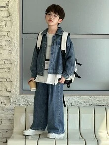 DAZY Set de 2 piezas Chaqueta vaquera informal oversize y pantalones vaqueros para niño preadolescente, look escolar para otoño - Azul - Ver 2