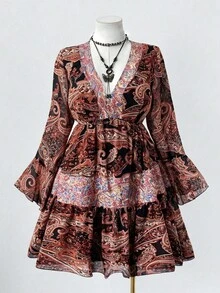 Sunspun Plus Size Women's V-Neck Long Sleeve Floral Print Bohemian Chiffon Dress Vintage Fall Cloth For Women - Multicolor - View 1