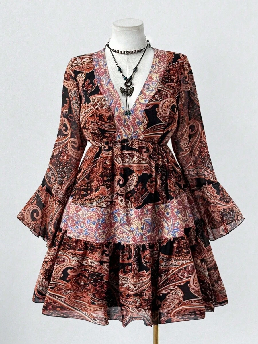 Sunspun Plus Size Women's V-Neck Long Sleeve Floral Print Bohemian Chiffon Dress Vintage Fall Cloth For Women - Multicolor - View 1
