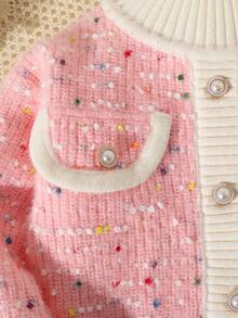 SHEIN Cárdigan de punto de manga larga con cuello redondo, color rosa con contraste blanco, cálido para niñas - Rosa - Ver 5