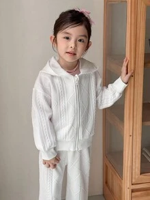 Genkimix Kids 两件套女童长袖连帽外套和宽松长裤套装，质感面料，适合秋季穿着，白色休闲返校日常穿着，秋冬季时尚百搭。 - 白色 - 查看 6