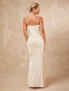 Lumalex Cream White Summer Elegant Formal Faux Pearls Rhinestone Detail Split Hem Bustier Slip Maxi Dress Luxury Prom Banquet Old Money Glitter Party Gown - Beige - View 8