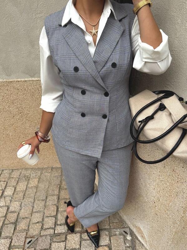 Dripcurv Plus Size Women's Autumn And Winter Casual Gray Plaid Suit Vest And Trousers Two Pieces Set,Matching Outfits,Business Women Clothes,Work Women Clothes,Fall Winter Outfits,Teacher Clothes, Curve Plus,Old Money Style,Two Pieces Set, Pants Set,Teacher,Grey,Office Wear