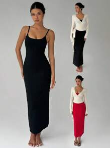 Flirla Solid Color Tight-Fit Spaghetti Strap Holiday Dress Maxi Women Outfit - Multicolor - View 5