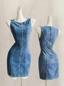 Attitoon 女式休闲水洗拉链牛仔无袖连衣裙，夏季 - 中等水洗藍 - 查看 3
