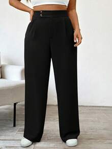 SHEIN Tall 大码女式高腰褶皱阔腿休闲裤 - 黑色 - 查看 4