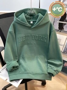 SHEIN 青少年男孩简约轮廓绿色压花连帽衫，休闲学院风格，舒适时尚，百搭柔软面料，适合日常穿着、上学、郊游、户外运动、秋冬季 - 綠色 - 查看 5