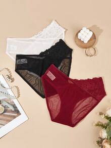 SHEIN Bộ 3 quần lót ren lưới cho nữ - Nhiều màu - Xem 2