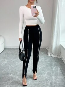 Selianne Women's Black Tights Contrasting Pearl Ribbon Knitted Texture Split Hem Leggings,Black And White,Summer,Classy,Party Leg-Lengthening Office Trousers - Black - View 3