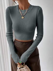 RosyDaze Crew Neck Fitted Elegant Office Wear Long Sleeve Sweater Fall Winter Cloth For Women - Dark Grey - View 4