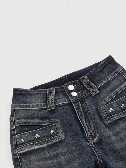 Vintage Y2K Super Low Waist Sexy Distressed Skull Studded Women Flare Jeans