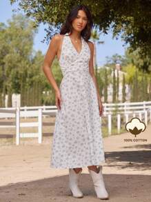 WESTFADE Đầm midi chữ A in họa tiết hoa nhỏ xinh xắn, cổ yếm, thắt nơ, lưng nhún, dáng suông, dễ thương, mùa hè, kỳ nghỉ bãi biển, buổi hòa nhạc đồng quê miền Tây ở Nashville - Nhiều màu - Xem 1