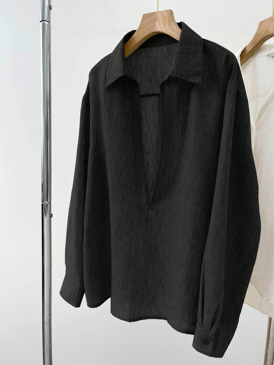 SHEIN Loose Fit Comfortable French Style Deep V-Neck Oversized Casual Pullover Shirt Fall Cloth For Women - Black - View 1