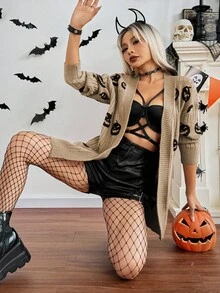 SHEIN ChicEase 万圣节骷髅图案休闲宽松女式开衫，日常穿着 - 卡其色 - 查看 5