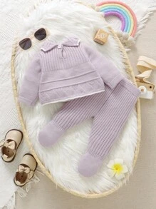 Baby Mädchen Pullover Co-Ords, modisch lässig süß Langarm Rüschenkragen mit Schleife Dekor gestrickter Pullover und passende gestrickte Leggings 2-teiliges Set, weicher Stoff geeignet für täglichen Gebrauch, Ausflüge, Reisen, Urlaub, Zuhause, Kinderbetreuung und Baby Mädchen Spiel, Baby lila Outfit Baby Mädchen Winter Sets Flieder Baby Mädchen Outfit Baby Mädchen gestrickte Outfits Neugeborene Baby Mädchen gestricktes Outfit - Mauve - Übersicht 2