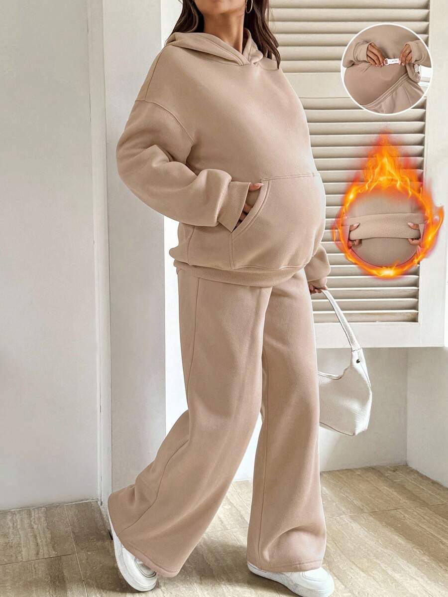 SHEIN 两件套孕妇保暖连帽衫和裤子套装,秋冬 - 卡其色 - 查看 1