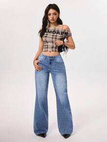 SHEIN EZwear Women's Casual Commute Daily Versatile Low-Waist Loose Flare Leg Jeans - Light Wash - View 3