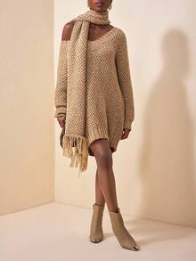 Zivah 2025 秋冬新款休闲百搭宽松卡其色 V 领长袖配围巾女毛衣裙，适合度假、外出装、约会夜装女士、旅行装机场、不对称荷叶边、日常、约会、毕业季、返校、通勤、休闲 -A - 卡其色 - 查看 4