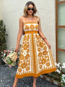 SHEIN LUNE Váy liền thân in hoa đỏ hở lưng dáng suông mùa hè cho nữ, thích hợp cho kỳ nghỉ lãng mạn, kỳ nghỉ ở bãi biển, dã ngoại hàng ngày Váy liền thân họa tiết hoa cam đi biển cho nữ Váy liền thân đi biển mùa hè Boho Váy liền thân đi biển - Nhiều màu - Xem 4