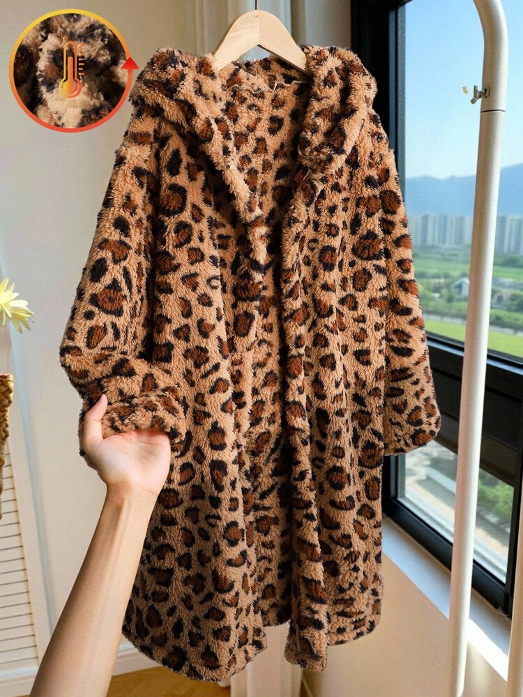 SHEIN 1 件女童豹纹蓬松连帽中长休闲夹克，适合外出和日常穿着，秋冬季 - 黃色 - 查看 7