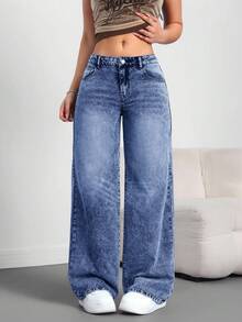 SHEIN Tall Quần jean ống rộng ống đứng cài nút thường ngày cho nữ, phù hợp mặc hàng ngày - Rửa tối - Xem 8