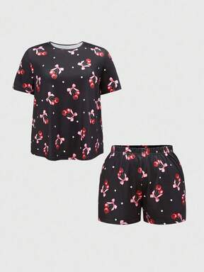 Kawaii Plus Size Cute Cartoon Heart Bow Kitty Print Camisole & Shorts Pajama Set, Casual Loungewear