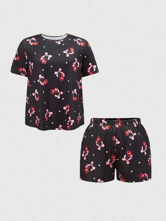 Kawaii Conjunto de pijama de camiseta y pantalones cortos con estampado de corazón, lazo y gatito, talla grande, ropa de estar en casa informal