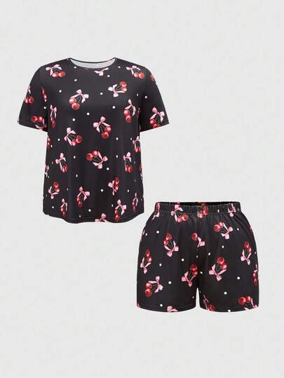 ROMWE Kawaii Plus Size Cute Cartoon Heart Bow Kitty Print Camisole & Shorts Pajama Set, Casual Loungewear