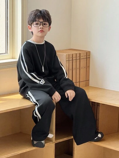 DAZY Kids Fall Clothes, Tween Boys Fleece Sweatshirt & Pants Sports Suit, Casual Loose Fit Colorblock Street Style Outfit, Autumn