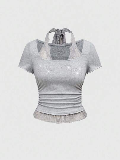 Grunge Punk تي شيرت نسائي ضيق بياقة طاقم مزين بالراين ستون والدانتيل والحرف الأبجدية بطراز بانك