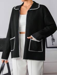 EURMUSE Women's Fashion Contrast Trim Button Cardigans Sweater Black Cardigan Women Black Jacket Women Cardigan With Pockets Contrast Trim Cardigan Jacket For Dress Womens Black Cardigan Black Cardigan Sweater,Petite,Tall - Black - View 5
