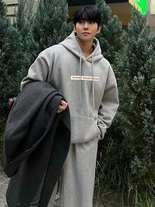 DAZY 男士灰色连帽衫套装，带字母印花织唛，秋季保暖内衬，冬季 - 灰色 - 查看 3