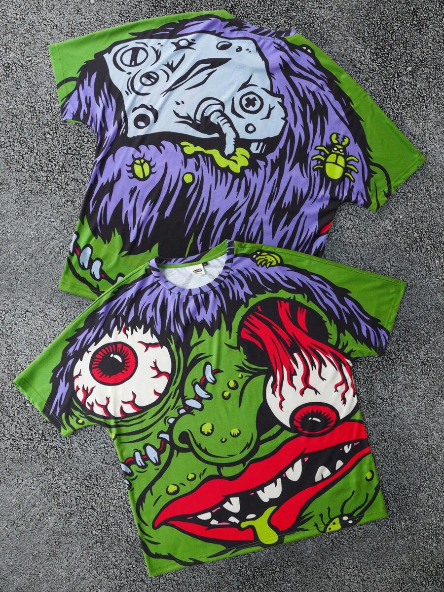 MADBALLS X SHEIN Men's Cartoon Pattern Casual Round Neck Short Sleeve T-Shirt