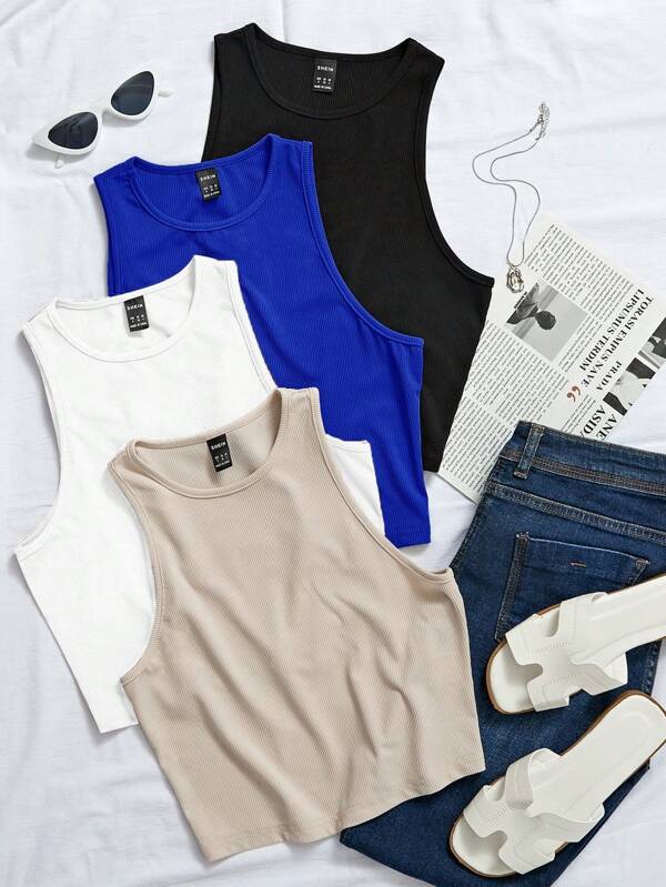 Chiquease 4pcs Solid Ribbed Knit Tank Top