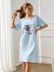 EURMUSE Woımen Contrast Colour Slogan Printed Basic Short Sleeve Sleepdress - Baby Blue - View 3
