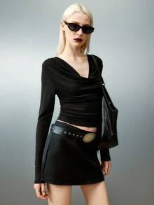 Airlisse Women's Elegant Sexy Draped Neck Sequin Ruched Cropped Top, Black - Black - View 7