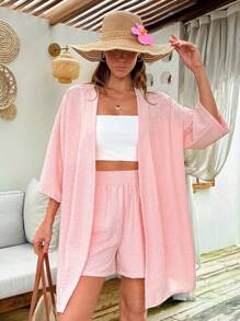 EURMUSE Women Pink Kimono And Short Two Pieces Set Women S Summer Set Women Summer Outfits Summer Outfits For Women Women Summer Clothes Women Two Piece Outfits Women Outfit Sets Summer - Pink - View 4